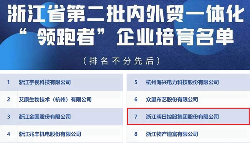 明日控股獲評浙江省內外貿一體化“領跑者”企業(yè)